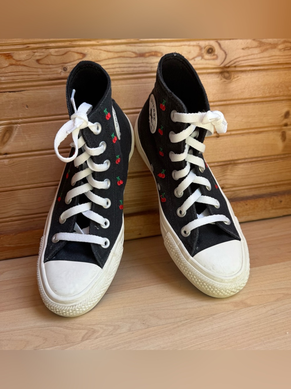 Converse All Star High-Top Canvas Sneakers Black w Embroidered Cherries Size 6 - Picture 3 of 8